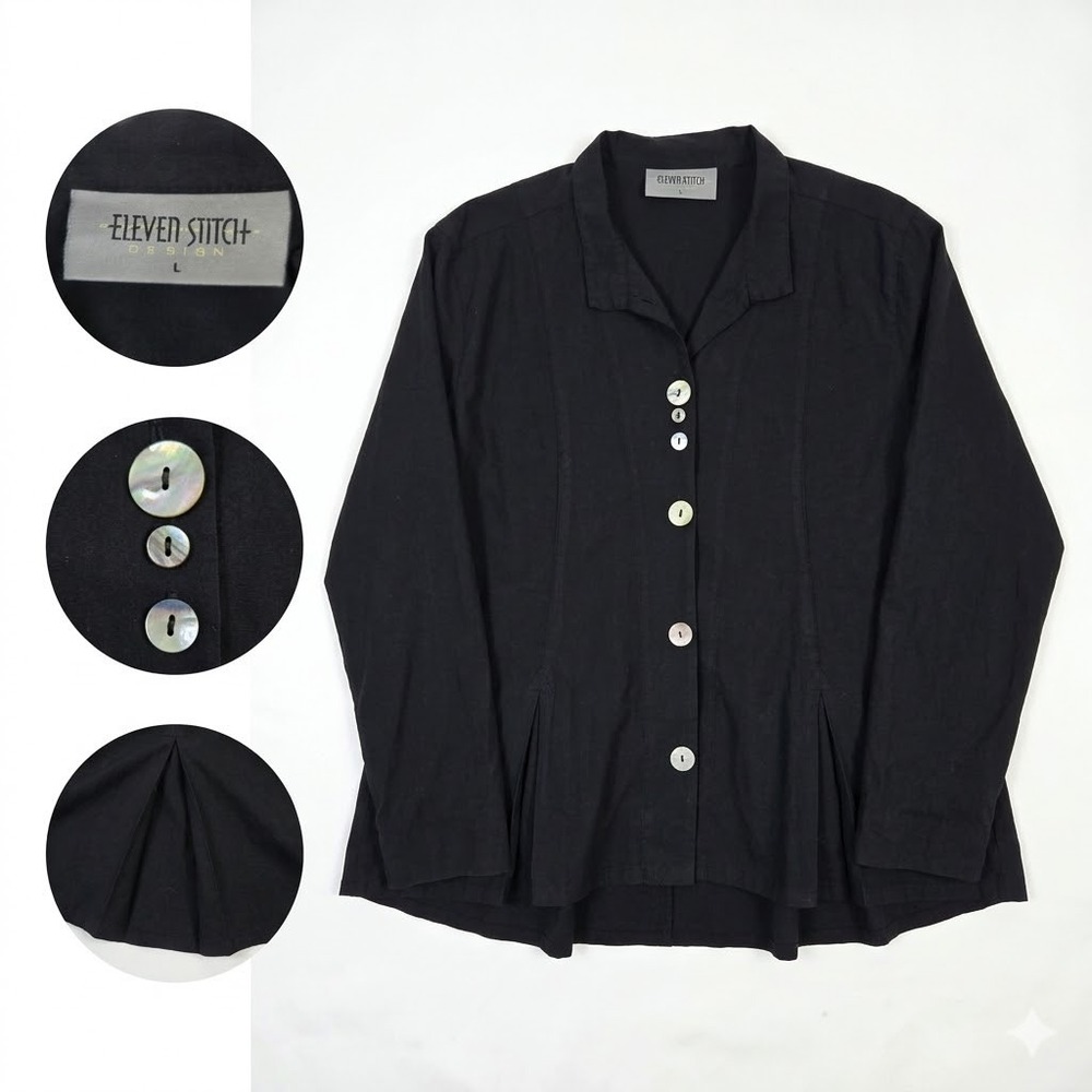 Eleven Stitch Design Lagenlook Shirt Jacket LG Black Lyocell Cotton Made in USA